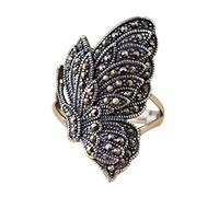 CHCWR Anillo de mariposa de plata retro 925 con piedras de marcasite para mujeres tamaño 6-9