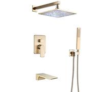 CHCWR Juego de Grifo de Ducha Gold de Oro, Cabezal de Ducha de Lluvia LED con Ducha Manual, Sistema de Ducha montada en la Pared con bañera de Cascada, 8 Pulgadas