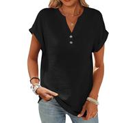 CheChury Camisetas Mujer Verano Manga Corta Camisas con Botones Algodón y Lino Moda Color Sólido Blusas Cuello en V Camisa Elegante Camiseta Basic Tops T-Shirt Casual Camisas Mujer Cómodo Ropa