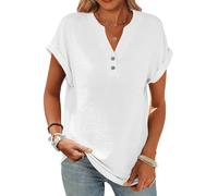 CheChury Camisetas Mujer Verano Manga Corta Camisas con Botones Algodón y Lino Moda Color Sólido Blusas Cuello en V Camisa Elegante Camiseta Basic Tops T-Shirt Casual Camisas Mujer Cómodo Ropa