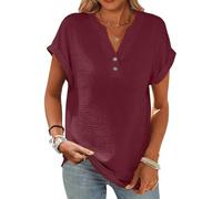 CheChury Camisetas Mujer Verano Manga Corta Camisas con Botones Algodón y Lino Moda Color Sólido Blusas Cuello en V Camisa Elegante Camiseta Basic Tops T-Shirt Casual Camisas Mujer Cómodo Ropa