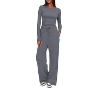 CheChury Conjunto Chándal de Mujer Conjunto Deportivo 2 Piezas Blusas de Manga Larga y Pantalones de Pierna Ancha Bolsillo Cómodo Casual Chándal Elegante Conjunto Moda Color Sólido Gimnasio y Casa