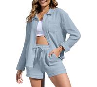 CheChury Conjunto de 2 Piezas de Verano Mujer Conjunto de lino Casual Conjunto de Camisa y Pantalón Corto con bolsillos Mujer Conjunto Chándal Dos Piezas Cómodo Moda Color Sólido para Vacaciones Playa