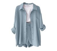 CheChury Conjunto Verano Mujer Conjunto de 2 Piezas Algodón Lino Chándal de 2 Piezas Verano Mujer Casual Camisa Manga Larga y Pantalón Corto con Bolsillo Cómodo Moda Color Sólido para Vacaciones Playa