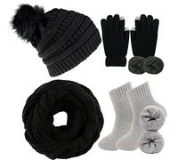 CheChury Gorro Bufanda de punto Guantes Invierno Caliente Mujer Conjunto Set Beanie Gorras con Pompón Guantes de Pantalla Táctil Moda Punto Bufandas Suave y Cálida Caliente Esquí Regalo Mujer