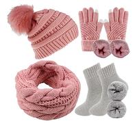 CheChury Gorro Bufanda de punto Guantes Invierno Caliente Mujer Conjunto Set Beanie Gorras con Pompón Guantes de Pantalla Táctil Moda Punto Bufandas Suave y Cálida Caliente Esquí Regalo Mujer