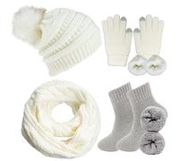 CheChury Gorro Bufanda de punto Guantes Invierno Caliente Mujer Conjunto Set Beanie Gorras con Pompón Guantes de Pantalla Táctil Moda Punto Bufandas Suave y Cálida Caliente Esquí Regalo Mujer