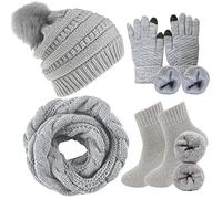 CheChury Gorro Bufanda de punto Guantes Invierno Caliente Mujer Conjunto Set Beanie Gorras con Pompón Guantes de Pantalla Táctil Moda Punto Bufandas Suave y Cálida Caliente Esquí Regalo Mujer