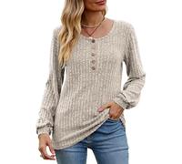CheChury Mujer Jerséis Cuello Redondo Túnica de Manga Larga Tops Mujer Botones Sudadera Tops Otoño Jersey Punto Suéter Ligero Camisetas de Manga Larga Camisa Elástico Pullover Casual Invierno Blusas