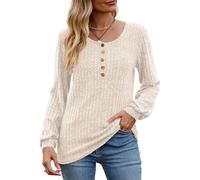 CheChury Mujer Jerséis Cuello Redondo Túnica de Manga Larga Tops Mujer Botones Sudadera Tops Otoño Jersey Punto Suéter Ligero Camisetas de Manga Larga Camisa Elástico Pullover Casual Invierno Blusas