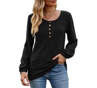 CheChury Mujer Jerséis Cuello Redondo Túnica de Manga Larga Tops Mujer Botones Sudadera Tops Otoño Jersey Punto Suéter Ligero Camisetas de Manga Larga Camisa Elástico Pullover Casual Invierno Blusas