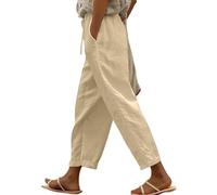 CheChury Pantalones Mujer Verano 7/8 Pantalones Lino de Algodón Cómodos Palazzo Cintura Alta Pantalón Rectos Ligero Casuales Flojo Pantalón Anchos con Bolsillos y Cordón Yoga Pants Playa Baggy