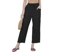 CheChury Pantalones Mujer Verano Lino Pantalones Muselinas Causal Cómodos Cintura Alta Elástico Pantalón Rectos Ligero Casuales Flojo Pantalón Anchos con Bolsillos Cordón Pants Playa Baggy Vacaciones