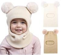 CheChury Pasamontañas Térmicos de Invierno Niño Niñas Bebés Gorro de Punto | Bebé Niño Niña Capucha Cálido Suave Invierno Sombreros y Bufandas con Doble Pompón para Pequeños Niños Niñas 1-6 Años