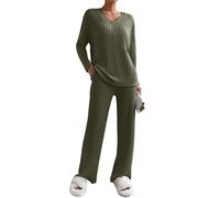 CheChury Pijamas Mujer Invierno Conjuntos de Ropa de Descanso Acanalada Mujer Conjunto Loungewear de Manga Larga Camiseta y Pantalón Holgado Mujer Pijama Algodón Otoño Conjunto Chándal de 2 Piezas
