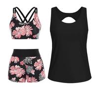 CheChury Tankinis Mujer 3 Piezas Sport Traje de Baño Mujer Push Up Swimwear Bañadores 3 Piezas Deportivos Conjuntos de Tankinis con Boyshort Reductor Vientre Plano Bañador Tallas Grandes Ropa Playa