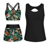 CheChury Tankinis Mujer 3 Piezas Sport Traje de Baño Mujer Push Up Swimwear Bañadores 3 Piezas Deportivos Conjuntos de Tankinis con Boyshort Reductor Vientre Plano Bañador Tallas Grandes Ropa Playa
