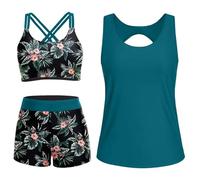 CheChury Tankinis Mujer 3 Piezas Sport Traje de Baño Mujer Push Up Swimwear Bañadores 3 Piezas Deportivos Conjuntos de Tankinis con Boyshort Reductor Vientre Plano Bañador Tallas Grandes Ropa Playa