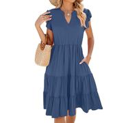 CheChury Vestido Bohemio de Verano para Mujer Sin Mangas, Volantes Cuello en V Casual Elegante A-Line Midi Suelto con Bolsillos para Playa y Vacaciones
