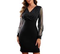 CheChury Vestido Corto Manga Larga Mujer Vestido Vestidos de Fiesta Elegante con Purpurina Mini Vestido de Encaje Cuello en V Cuello Lentejuelas Vestidos Bodycon Ropa Cóctel Sexy