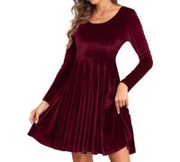 CheChury Vestido de Terciopelo Elegante para Mujer Redondo Manga Larga Maxi Vestidos Cóctel Fiesta Bodycon Vestidos de Noche Fiesta Classy Retro Color Sólido Clubwear Ceremonia Vestido Invierno