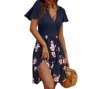 CheChury Vestido Verano para Mujer Largo Midi Estampado Flora Bohemio Casuales Manga Corta Vestidos de Playa Ruched Hem Casual Cuello en V T Shirt Vestidos línea A Boho Fiesta Vestido de Vacaciones