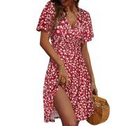 CheChury Vestido Verano para Mujer Largo Midi Estampado Flora Bohemio Casuales Manga Corta Vestidos de Playa Ruched Hem Casual Cuello en V T Shirt Vestidos línea A Boho Fiesta Vestido de Vacaciones
