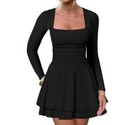 CheChury Vestidos de Fiesta Mujer Elegantes Pliegues Manga Larga Vestido Corto Cuello Cuadrado Sexy Mini Vestido Bodycon Cintura Alta Dobladillo Doble Capa Línea A Vestido Invierno cóctel Nochevieja