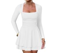 CheChury Vestidos de Fiesta Mujer Elegantes Pliegues Manga Larga Vestido Corto Cuello Cuadrado Sexy Mini Vestido Bodycon Cintura Alta Dobladillo Doble Capa Línea A Vestido Invierno cóctel Nochevieja