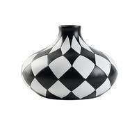 Checkered Flower Vase - Black & White Chessboard | Resin Vase Home Decor | Flat Round Centerpiece For Dining Table, Kitchen, Desktop, Bedroom, Office | Decorative Planter Floral & Grass D