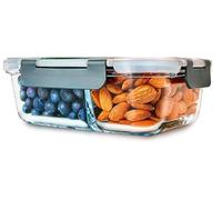 Checkmart Recipiente de vidrio con 2 compartimentos para preparación de comidas con tapas herméticas SnapLock, control de porciones, almacenamiento de alimentos, sin BPA, apto para microondas,