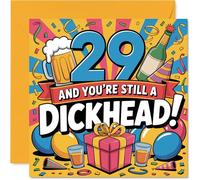 Cheeky - Tarjeta de cumpleaños número 29 - Bold Milestone Laughs - 29 y todavía eres un D**khead! - Obra de arte vibrante para fiesta, garantizada para levantar una sonrisa, cuadrado de 145 mm, sobre