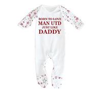 Cheekytots Pijama de bebé con texto en inglés "Born To Love Man Utd Just Like Daddy" diseñado e impreso en el Reino Unido con 100 % algodón peinado fino, Estrellas blancas y rosadas, 3-6 meses
