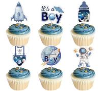 Cheereveal 36 adornos azules para cupcakes de baby shower, Houston We Have A Boy, decoración de pastel de planeta, cohete espacial, nave, suministros para fiesta de cumpleaños temática del universo