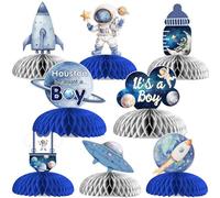 Cheereveal 8 piezas de centro de mesa de panal de abeja, diseño de Houston azul con texto en inglés "We Have A Boy", planeta, astronauta, cohete, viaje al espacio exterior, suministros para fiesta de