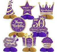 Cheereveal 8 piezas de decoración de 50 cumpleaños morado dorado, centros de mesa de panal 50 para mesas, saludos a 50 años para mujeres, suministros de decoración de fiesta de cumpleaños de cincuenta