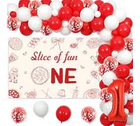 Cheereveal Decoración de fiesta de primer cumpleaños de pizza, telón de fondo divertido con kit de guirnalda de globos rojos, decoración de primer cumpleaños con temática de comida italiana para niños