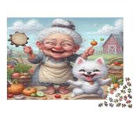 Cheerful Grandmother Colourful Granny with White Cat 1000 Pieces Jigsaw Puzzles Adults Birthday Fun Present & Activity 70x50cm/1000pcs