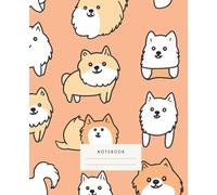 Cheerful Pomeranian Friends Notebook: This notebook features an array of adorable Pomeranians in various poses, against a warm peach background.