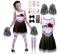 Cheerleader Zombie Bambina, Sanguinoso Costume Cheerleader Halloween, Vestito Zombie Bambina con Pom poms Fascia da Capelli Calzini Cicatrici Tatuaggio Sangue Falso, Cheer-leader Zom-bie per Party