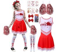 Cheerleader Zombie Bambina, Sanguinoso Costume Cheerleader Halloween, Vestito Zombie Bambina con Pom poms Fascia da Capelli Calzini Cicatrici Tatuaggio Sangue Falso, Cheer-leader Zom-bie per Party