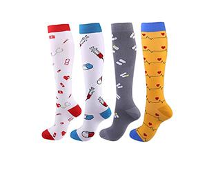 Cheeroyal 4 pares de calcetines de compresión 20-30 mmHg para hombres/mujeres Recuperación Enfermería Carrera Maternidad Embarazo Vuelo Viajes Medicina Salud Deporte, L/XL
