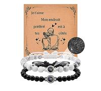 CheersLife 2 Pzs Pulseras de Piedra Proyectada para Pareja Onix Negro Turquesa Blanca para Hombre Mujer Te Amo en 100 Idiomas Pulseras de Amante para El y Ella Regalos de San Valentin Esposo EsposaFR
