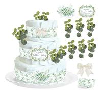 Cheerupp Decoración de pastel de pañales verde salvia para fiesta de baby shower, vegetación A Sweet Little Baby Is on the Way, tarjetas de baby shower, cinta de grogrén de salvia, lazos artificiales