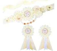 Cheerupp Juego de banda y alfileres para baby shower color crema marfil - Cinturón de vientre para baby shower con flores blancas crema y pines de ramillete para mamá y papá para ser y papá
