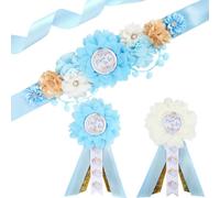 Cheerupp Kit de faja de maternidad para baby shower, cinturón de vientre azul neutro para baby shower y alfileres de ramillete para mamá y papá para ser y papá, accesorios de fotos de embarazo para