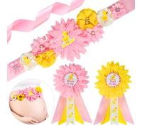 Cheerupp Kit de faja de maternidad para baby shower, cinturón de vientre rosa y amarillo para baby shower y pines de ramillete para mamá y papá para ser y papá, accesorios para fotos de embarazo para