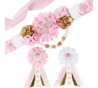 Cheerupp Kit de faja de maternidad para baby shower, color rosa y dorado, cinturón para el vientre y pines para mamá para ser y papá, accesorios para fotos de embarazo para nuevos padres, suministros