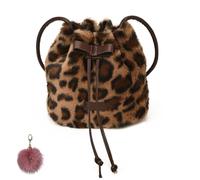 Cheetah Faux Fur Crossbody Bag,Mini Plush Leopard Drawstring Bucket Bag,Winter Retro Animal Print Shoulder Bags for Women