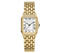 CHEETAH Relojes dorados para mujer con caja rectangular vintage, diámetro de la caja de 26 mm, números romanos negros, correa de acero de metal, resistente al agua hasta 3 ATM, Dorado, blanco, Retro y